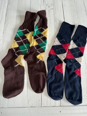 Vintage men’s Argyle Crew Socks - Brown/Green/Yellow & Navy/Red 2 Pairs